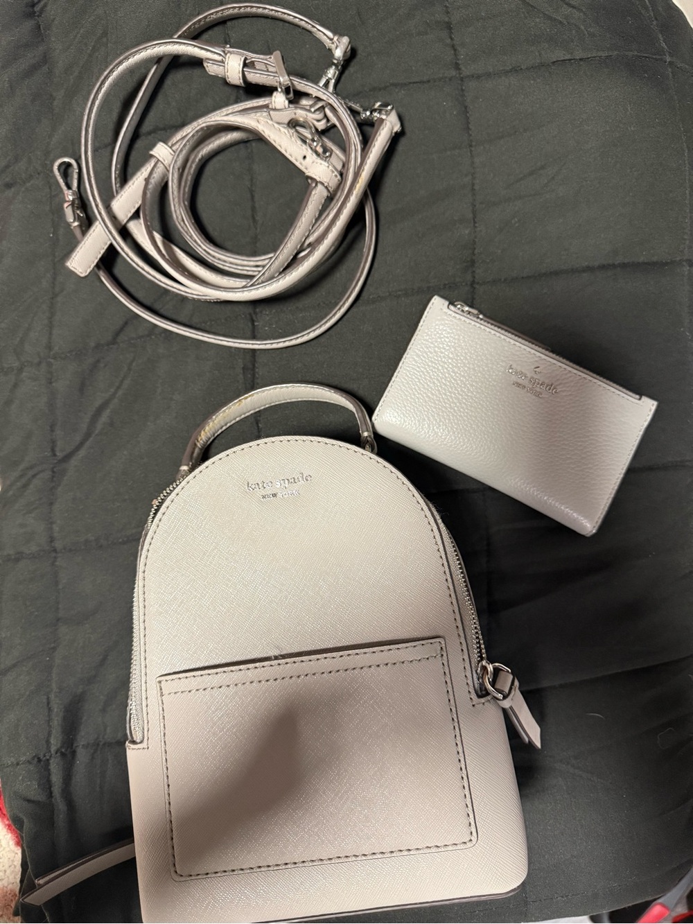 kate spade light gray/cream mini convertible backpack with matching card wallet